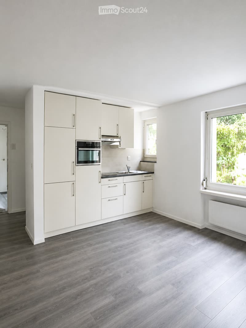 Modern kitchen with light-colored cabinets, stainless steel oven, sink, and faucet, featuring a dark wooden floor and large windows.
