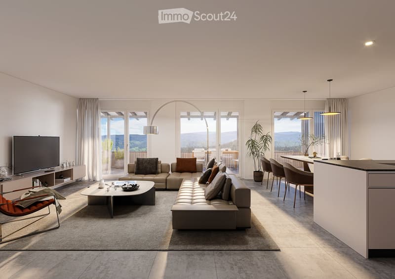 Modern living room with large windows, a sectional sofa, coffee table, dining area, and potted plants.