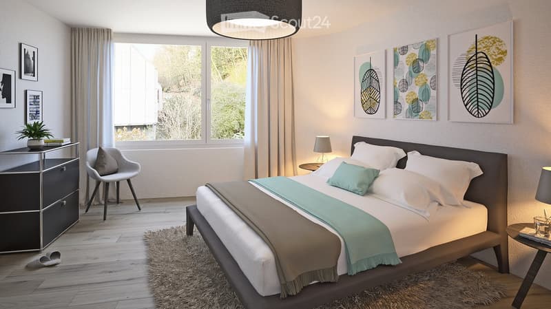 Modern bedroom with a large bed, nightstand, chair, and artwork on the walls. The room features large windows with curtains and a potted plant on a dresser.