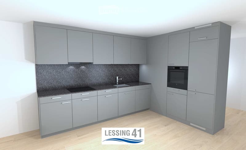 Modern kitchen with grey cabinets, a dark countertop, a sink, and an oven.