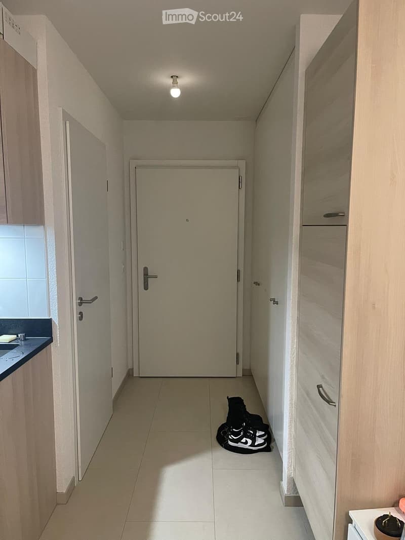 A narrow hallway with light-colored walls and tiled flooring, featuring a closed door at the end and a pair of shoes placed on the floor near the right wall.