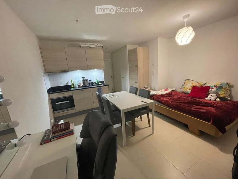 A compact studio apartment with a bed, small kitchen area, dining table, and chairs. The kitchen features a built-in oven and cabinets, while the living area includes a bed with pillows and a small table with chairs.