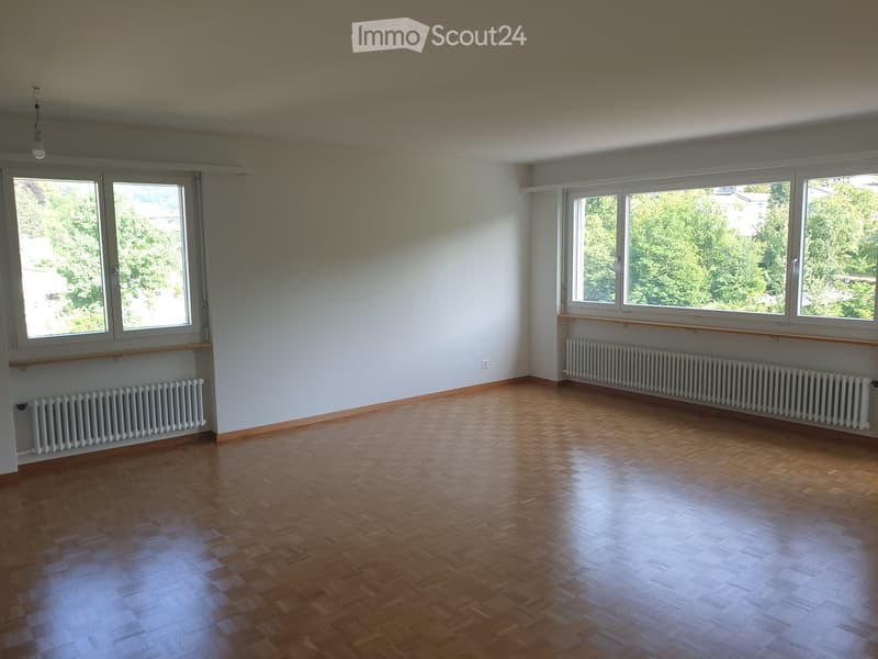 Empty room with wooden flooring, white walls, large windows, and radiators along the walls.