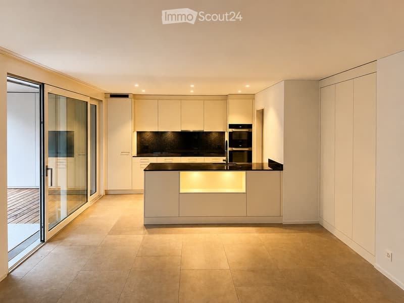 Modern, minimalist kitchen with light-colored cabinetry, a black countertop, and built-in appliances. Features large glass doors leading to an outdoor area.