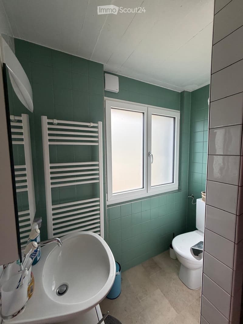 Bathroom with green tiled walls, a white sink with a modern faucet, a toilet, a radiator, and a window with white frames. Toothbrushes and toothpaste are visible on the sink counter.