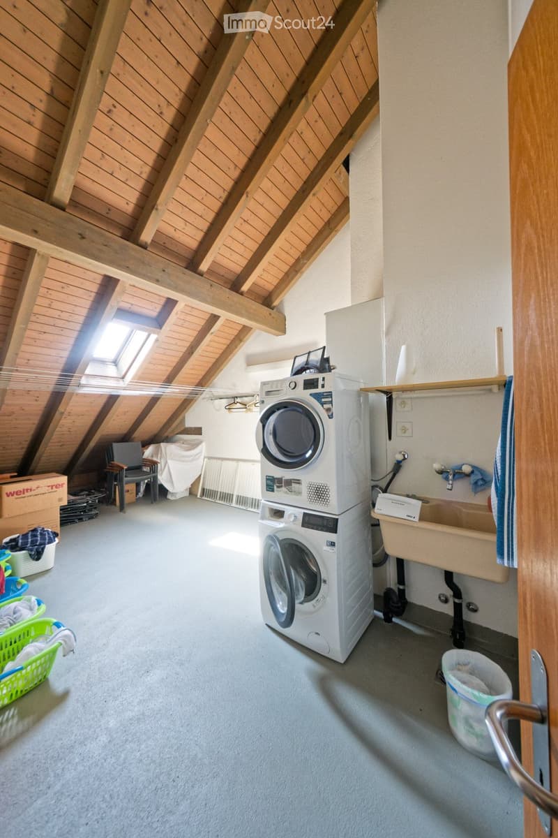 The room features a washing machine, a chair, a sink with a faucet, and a basket, with exposed wooden beams on the ceiling and a skylight letting in natural light.