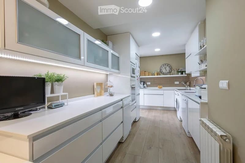 Modern kitchen with white cabinets, wooden flooring, and stainless steel appliances. Features include a sink, oven, microwave, refrigerator, washing machine, and a clock on the wall. Potted plants and a small table add a touch of greenery and comfort.