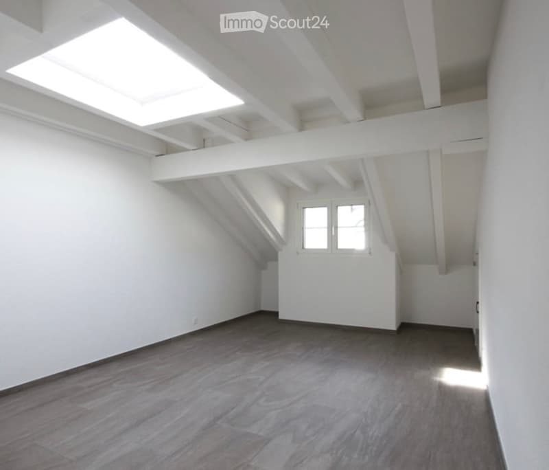 Completely empty room with white walls, wooden floor, and skylights. No furniture or equipment.