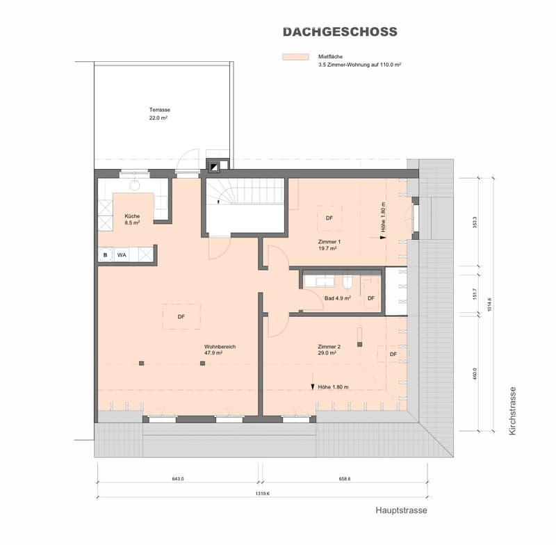 Top floor layout showing a 3.5-room apartment with a terrace, kitchen, living area, two bedrooms, and a bathroom.