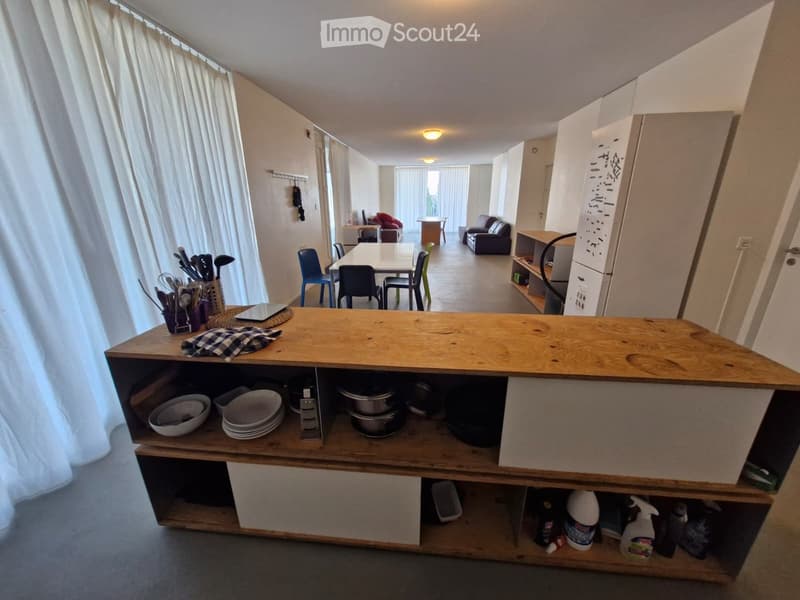 Open-plan living and dining area with a kitchen island, sofa, dining table, and chairs. The kitchen features a wooden island with bowls, plates, and cleaning supplies on the shelves.