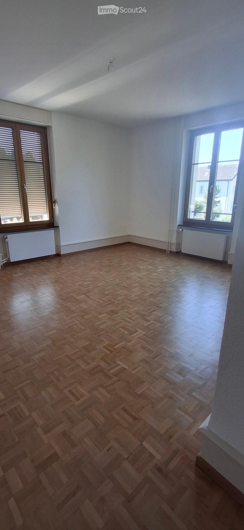 Empty room with wooden herringbone flooring, white walls, and two windows with radiators underneath. No furniture or equipment present.