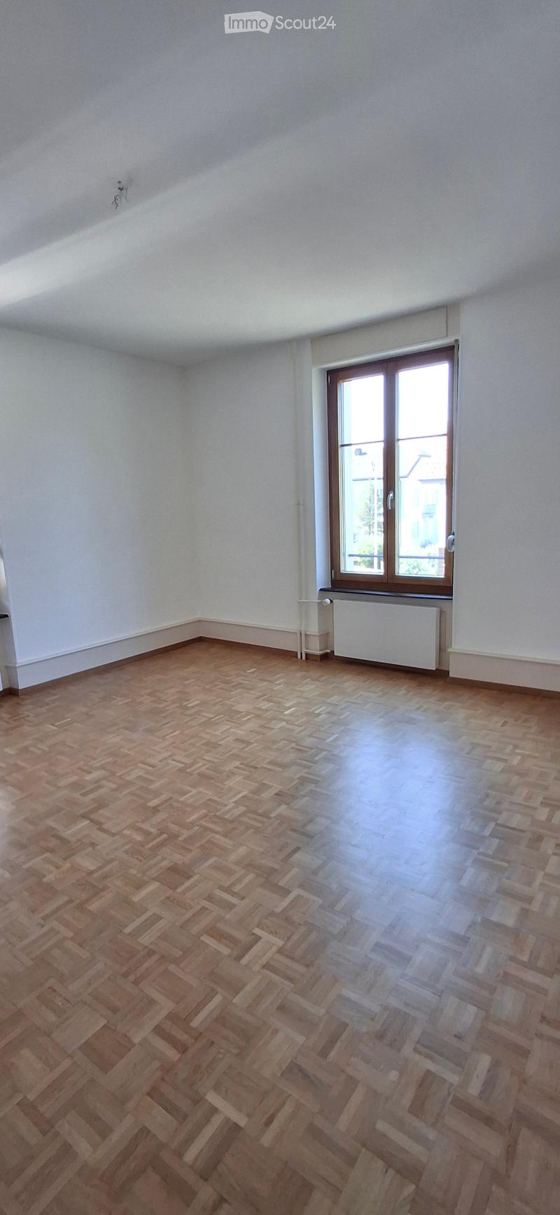 Empty room with wooden herringbone flooring, white walls, and a large window with brown frame. A radiator is visible beneath the window.