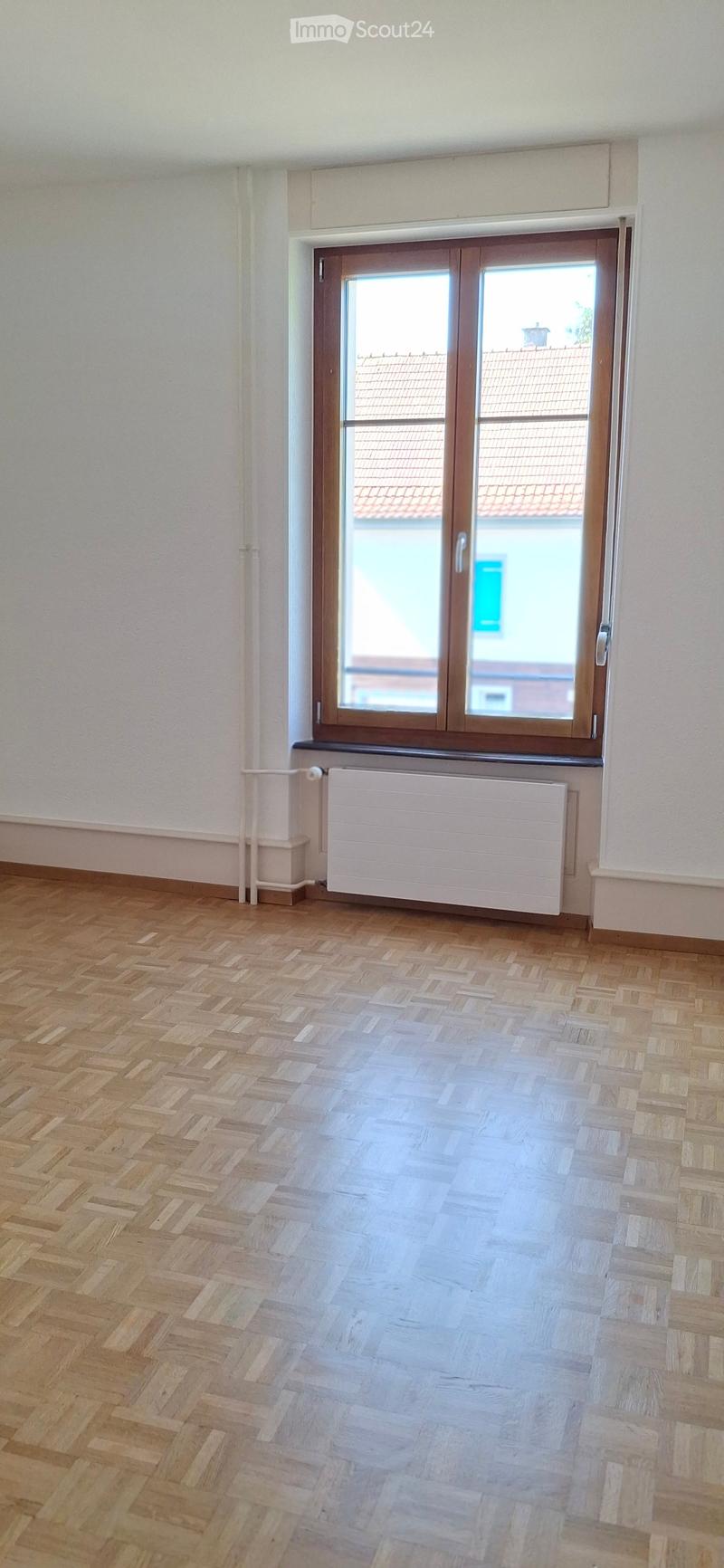 Empty room with wooden herringbone flooring, white walls, a radiator, and a large window with a view of a neighboring building.