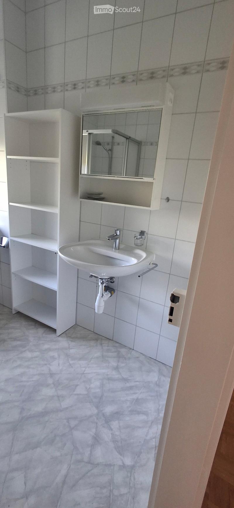 Modern bathroom with white tiled walls, marble floor, white sink, mirror cabinet, and built-in storage shelves.