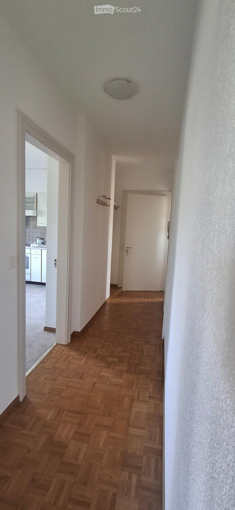 A narrow hallway with wooden herringbone flooring, white walls, and a ceiling light fixture. An open doorway leads to a kitchen area with white cabinets and a countertop.