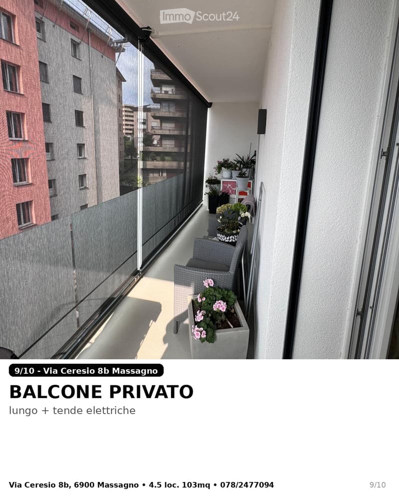 Private balcony with a modern glass railing, featuring a grey wicker chair and a flower pot with pink flowers.
