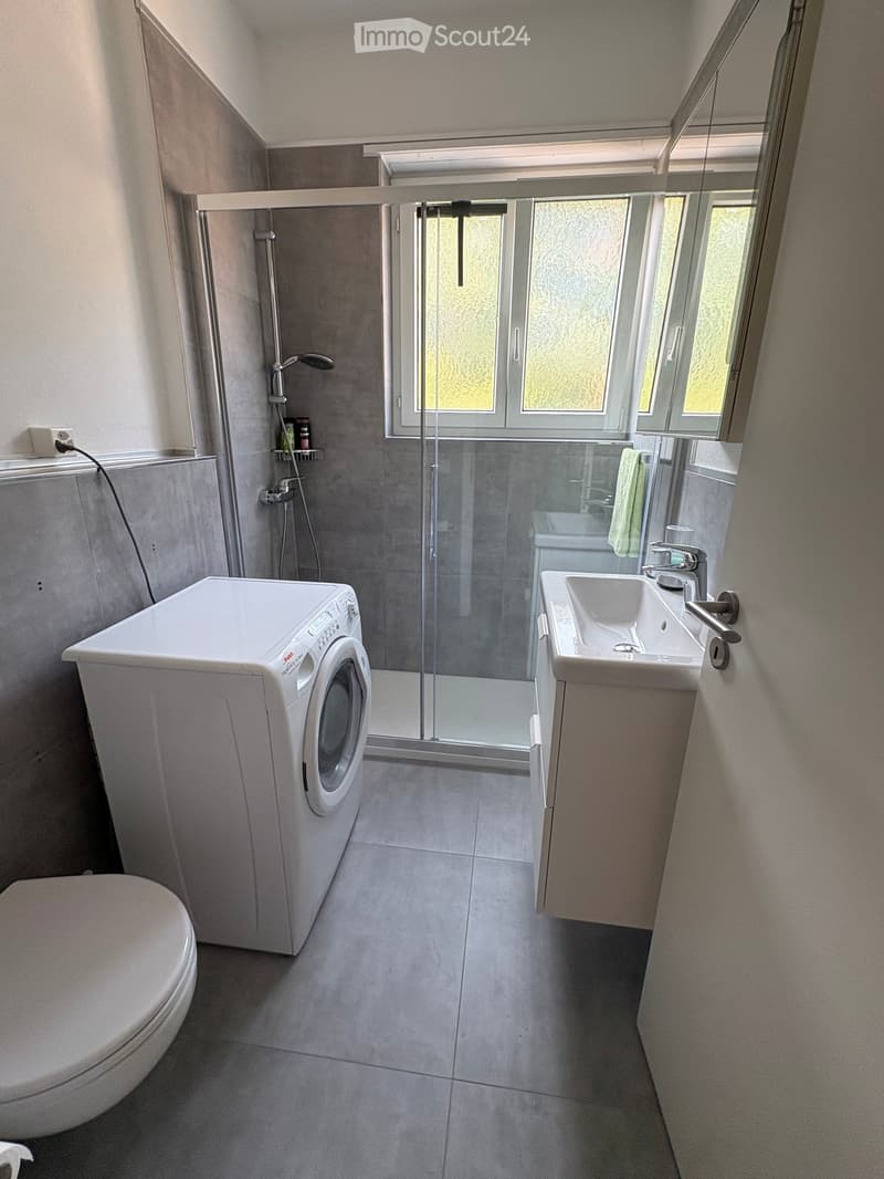 Modern bathroom with a toilet, washing machine, sink, and shower area with a glass enclosure. The room features tiled floors and walls, and a towel is visible on the sink.