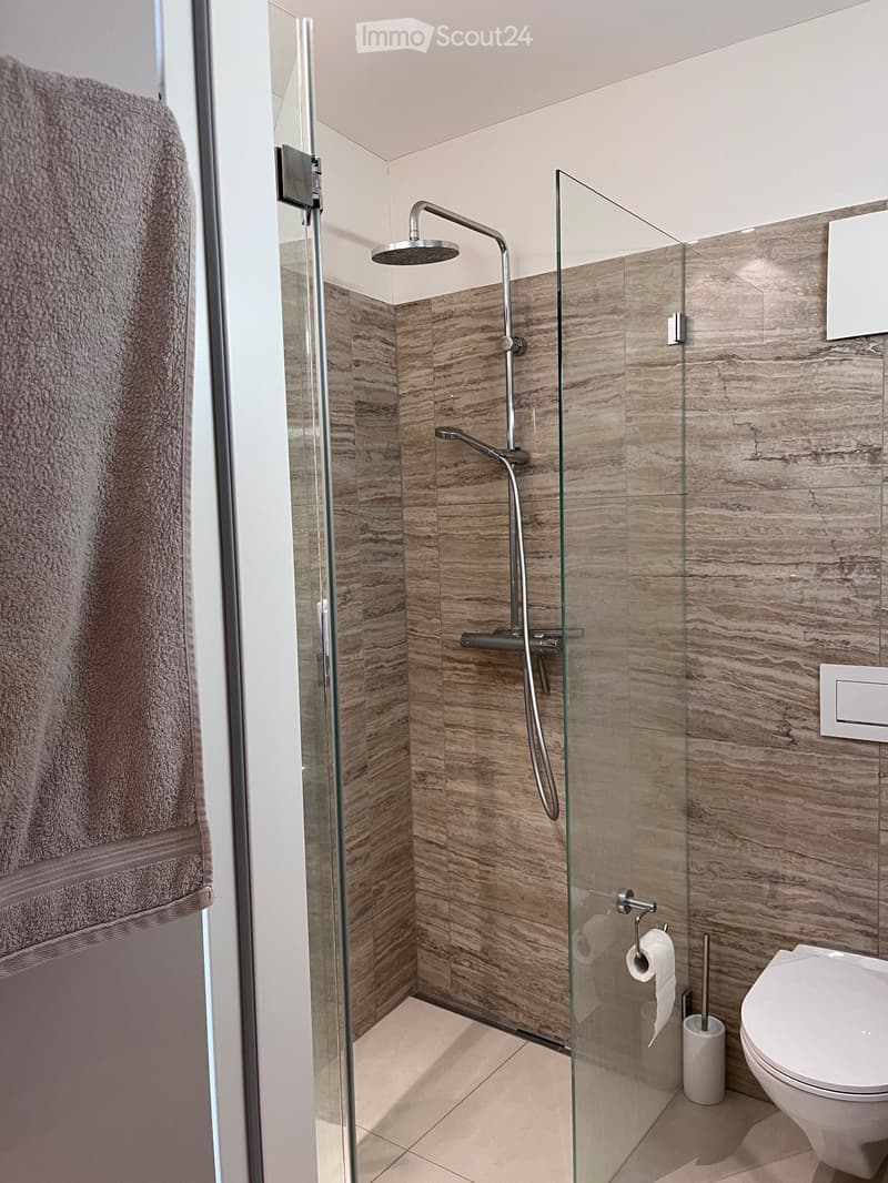 Modern bathroom with marble tiles, glass-enclosed shower, and a white toilet.