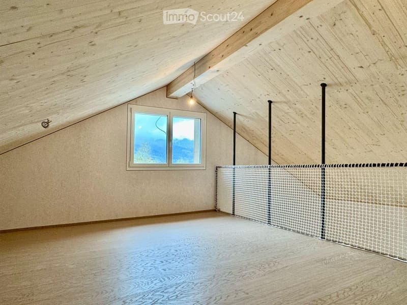 Empty attic space with wooden walls and ceiling, large window offering a scenic view, and a small net barrier.