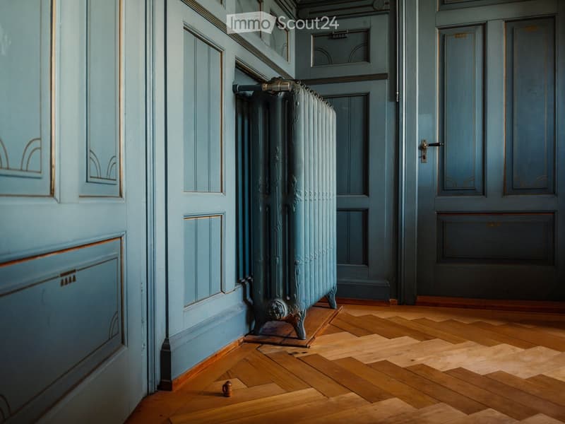 Elegant hallway with light blue painted walls, wooden floor, ornate radiator, and classic doors.