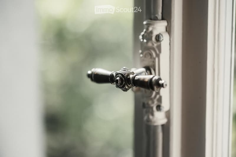 Close-up of an ornate metal window handle with a decorative design, attached to a window frame.