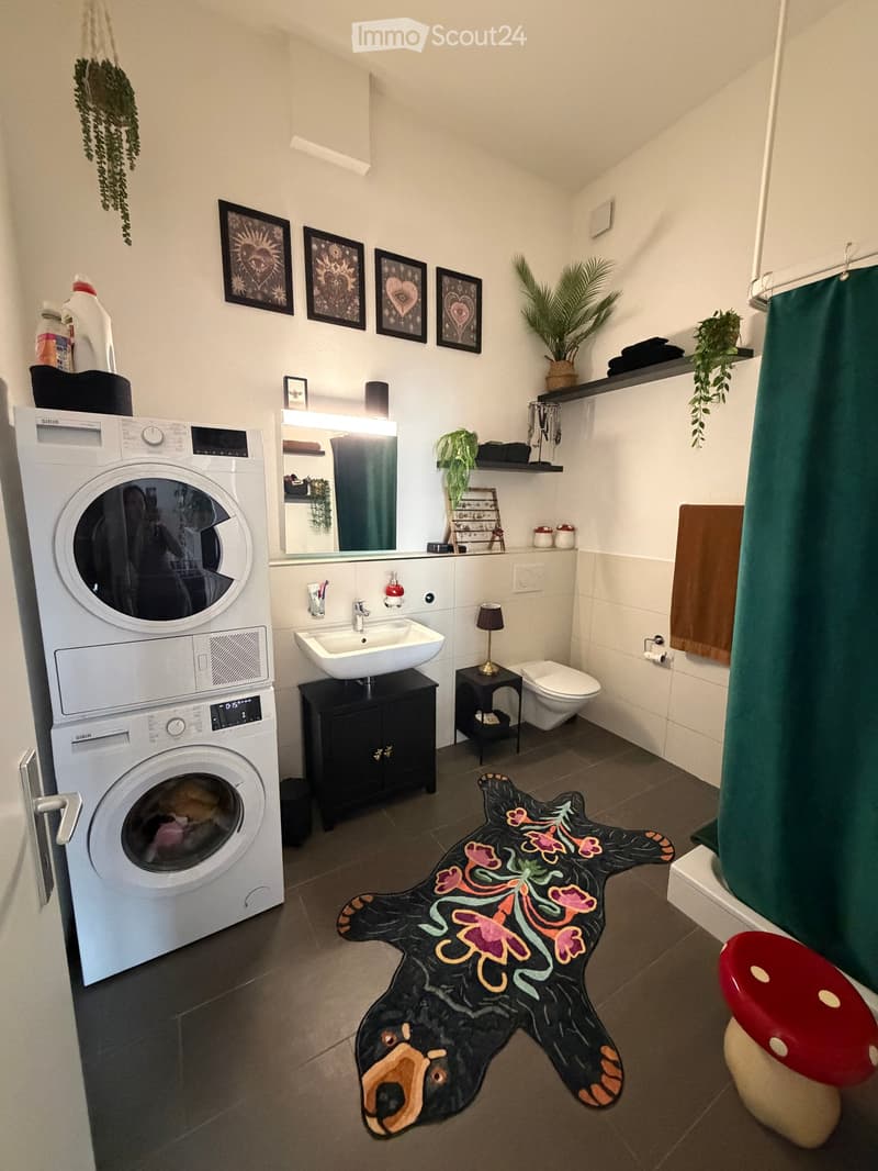 Bathroom with a washing machine, sink, mirror, toilet, and decorative elements including a bear-shaped rug and framed pictures on the wall.
