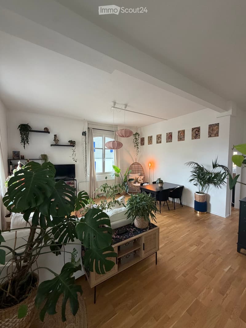 Bright living room with wooden flooring, white walls, and large windows. Features a sofa, coffee table, dining table with chairs, television, and several potted plants. Decor includes hanging lamps, wall art, and shelves with decorative items.