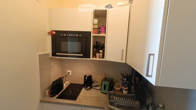 Modern kitchen with white cabinets, an induction stove, microwave, toaster, kettle, and various kitchen items on the counter.