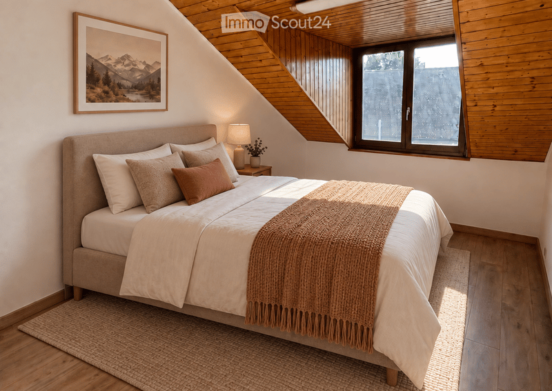 Cozy bedroom with a large bed, nightstand, lamp, and a picture frame on the wall. The room features wooden flooring and a slanted wooden ceiling.