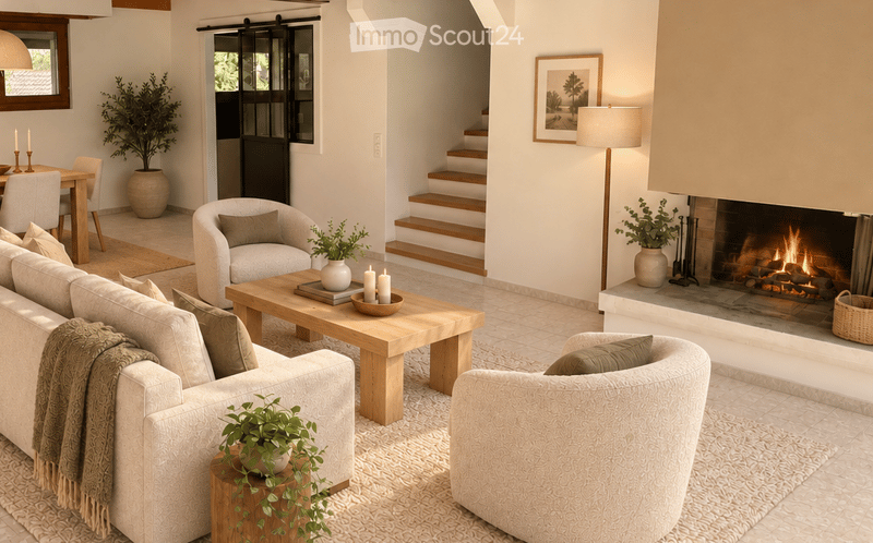 Modern living room with a fireplace, sofa, coffee table, armchairs, floor lamp, and decorative plants.