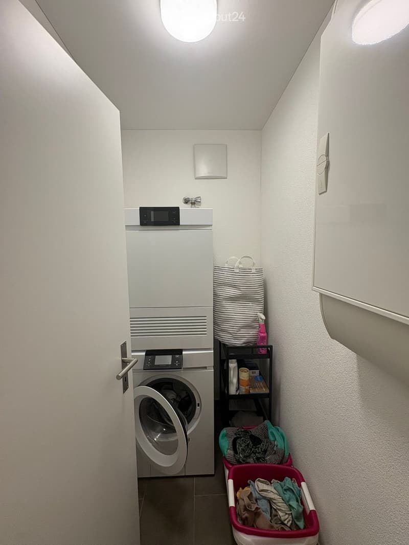 Compact bathroom with a washing machine, laundry basket, shelf, and cleaning supplies.