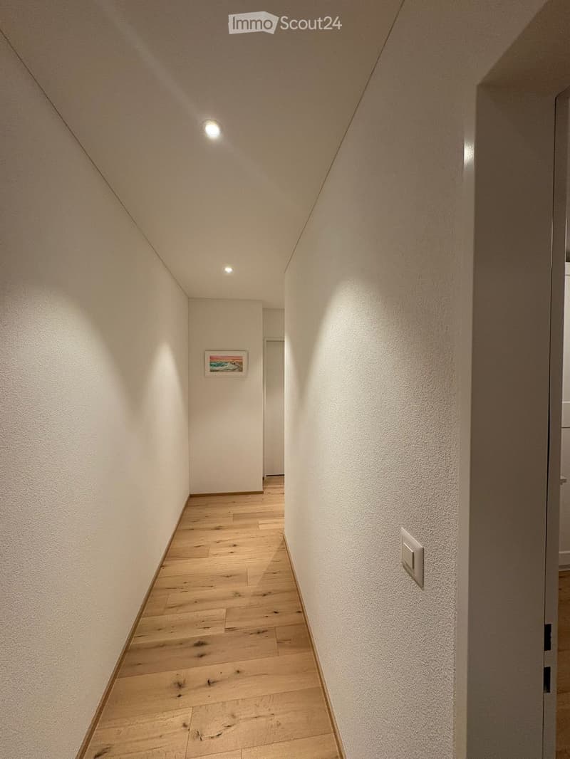 A narrow hallway with light wooden flooring, white walls, and recessed ceiling lighting. A small framed picture hangs on one wall, and a door is visible at the end of the corridor.