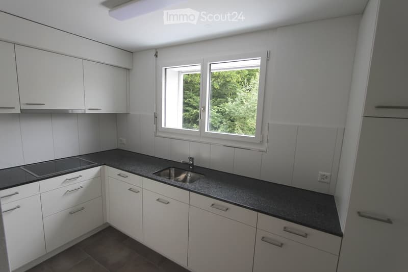 Modern kitchen with white cabinets, dark grey countertop, stainless steel sink, and large windows overlooking greenery.