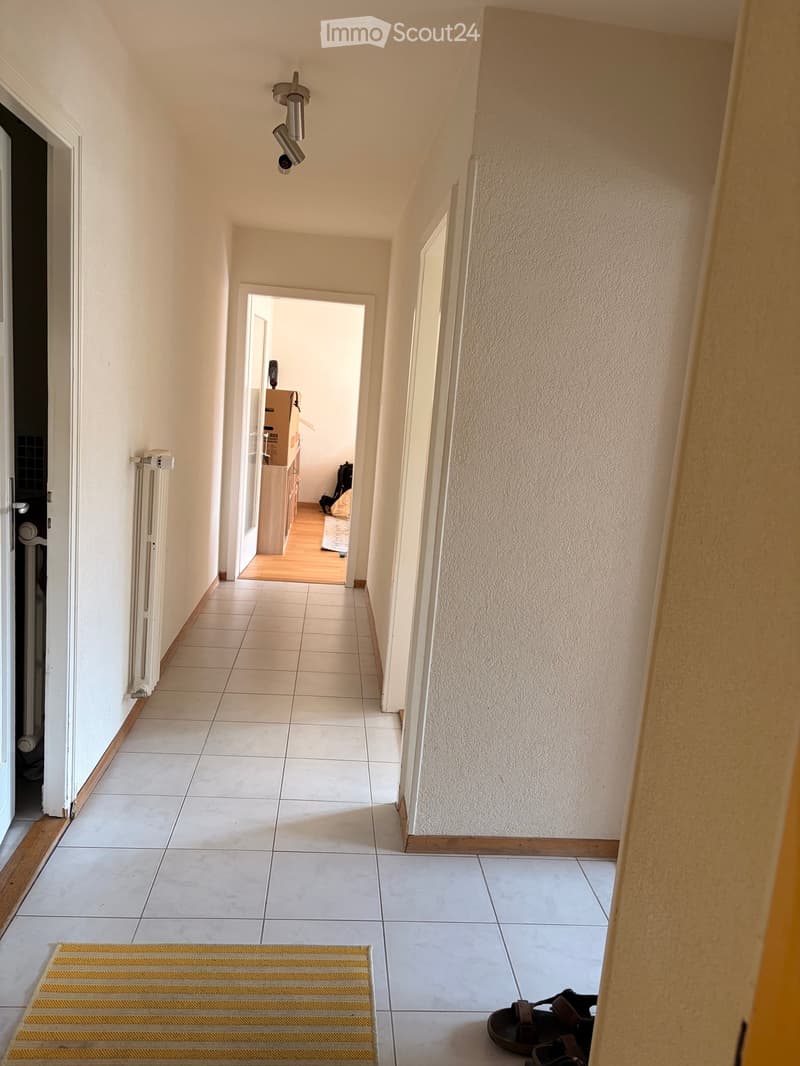 A narrow hallway with tiled flooring, white walls, and a visible door at the end leading to another room. A small rug and a pair of shoes are placed near the entrance.