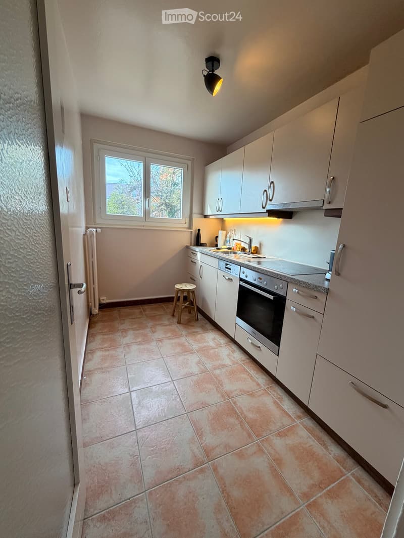 Modern kitchen with white cabinets, granite countertop, stainless steel oven, sink, and a small wooden stool.