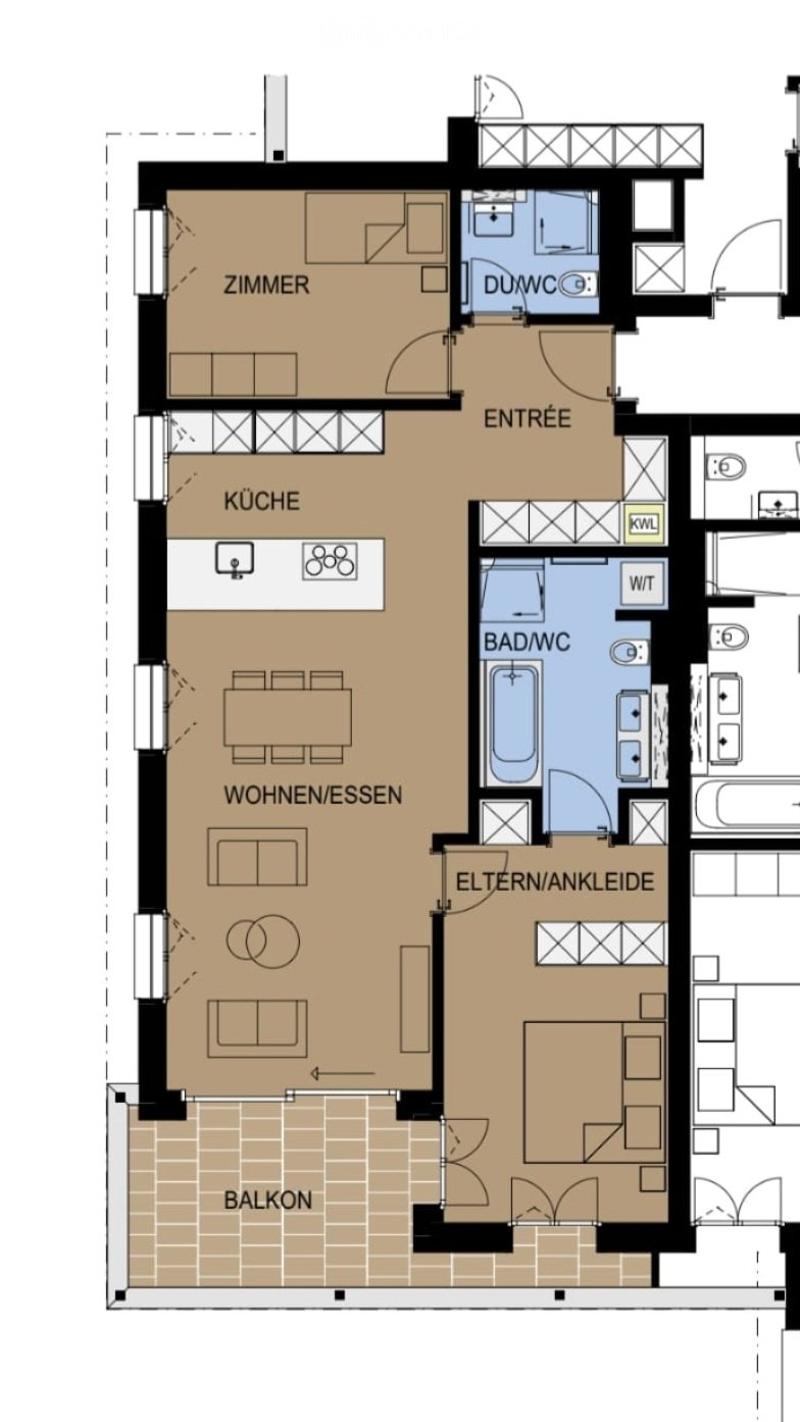 Floor plan of a residential unit featuring a living/dining area, kitchen, bedroom, bathroom, and balcony.