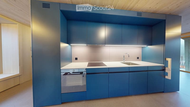 Modern kitchen with blue cabinets, white countertops, sink, faucet, and built-in oven.