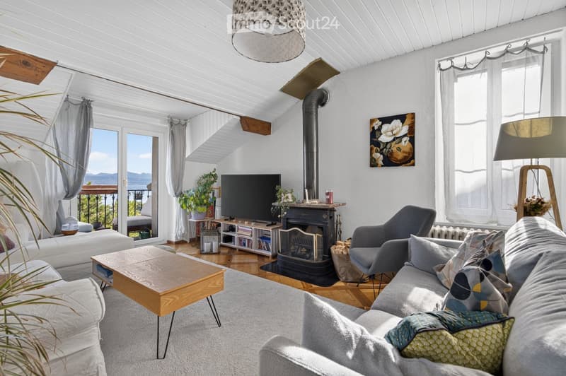 Bright living room with white walls, wooden floors, and a skylight ceiling. Features a grey sofa, wooden coffee table, armchair, TV, fireplace, and decorative plants.