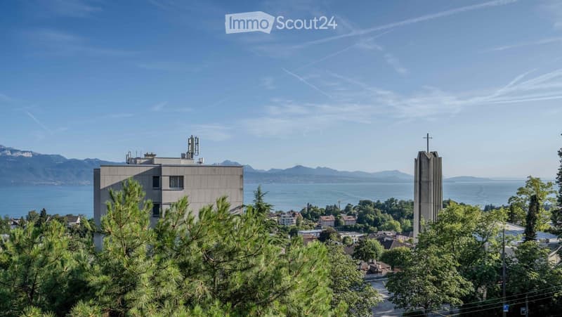 A modern building with a flat roof and several windows, surrounded by trees and overlooking a scenic lake and distant mountains.