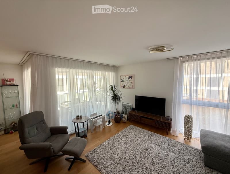 Modern living room with large windows, grey sofa, armchair, coffee table, piano, fan, TV, cabinet, and a rug.