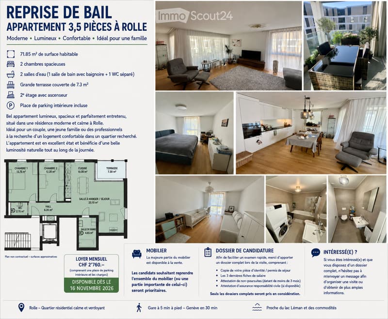 Floor plan of a 3.5-room apartment with 71.85 m² living space, 2 spacious bedrooms, 2 bathrooms, covered terrace, elevator access, and indoor parking.