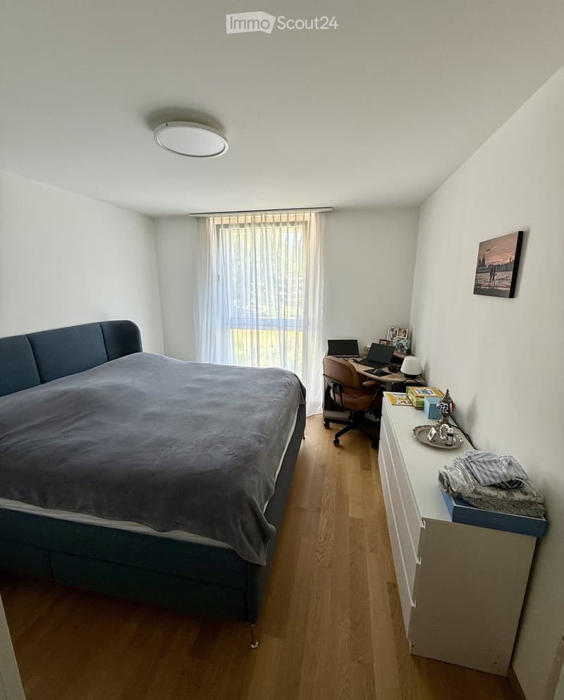 Cozy bedroom with a large bed, wooden floor, desk with laptop, chair, nightstand, and decorative items.