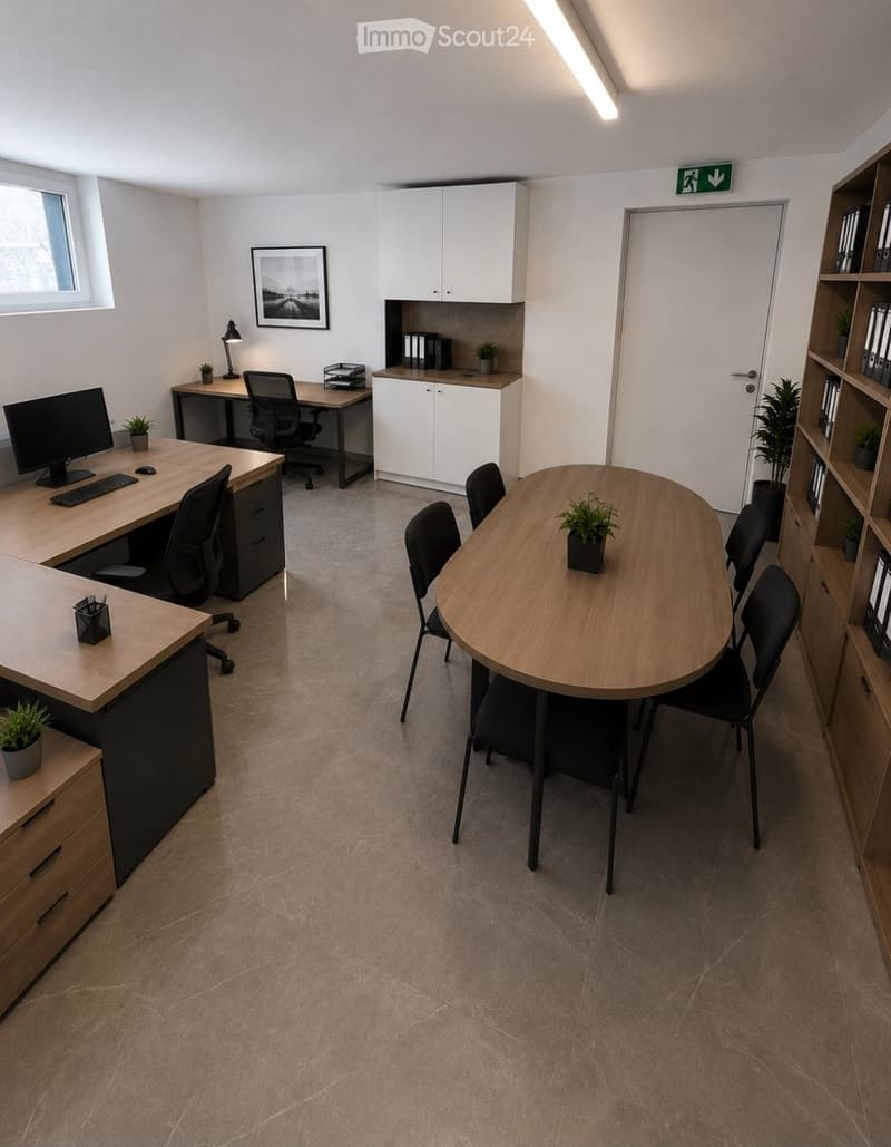 Modern office space with a desk, chair, computer setup, round meeting table, chairs, cabinet, lamp, potted plants, and shelves.
