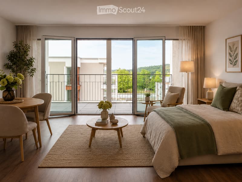 Modern bedroom with large sliding glass doors leading to a balcony, a bed with pillows and a blanket, a round wooden table with chairs, a side table with a lamp, and decorative vases.