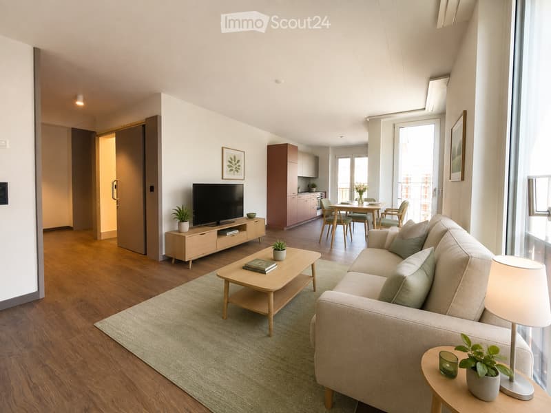 Modern living room with a light-colored sofa, coffee table, side table, dining area with table and chairs, television on a cabinet, and plants.