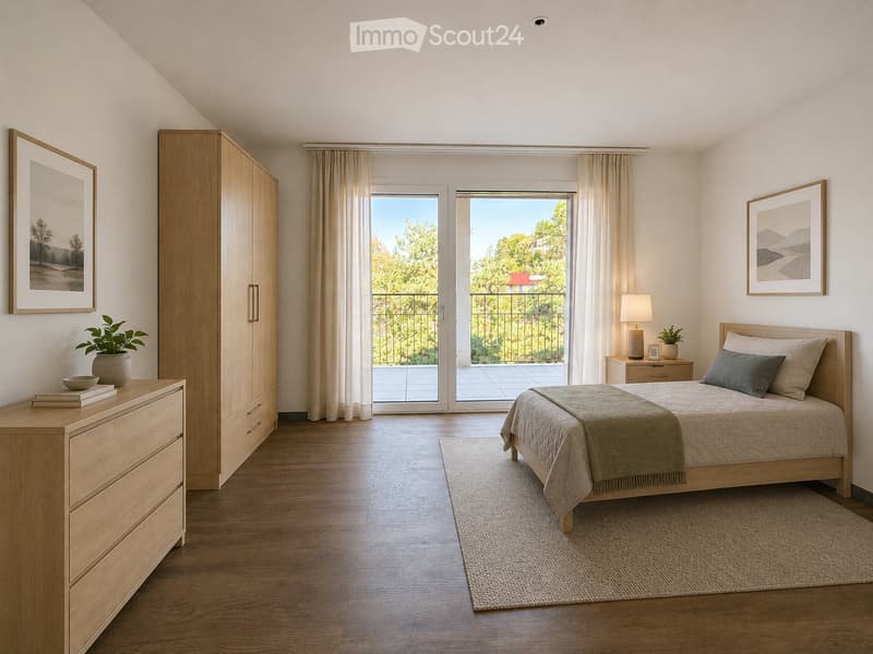 Bright, airy bedroom with wooden flooring, large windows opening to a balcony, a neatly made bed with pillows and a blanket, a nightstand with a lamp, a wardrobe, a dresser with books and a potted plant, and framed artwork on the walls.