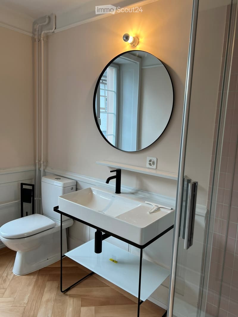 Modern bathroom with a white sink on a black metal stand, a round mirror above it, and a toilet to the left. The room features light-colored walls and wooden flooring.