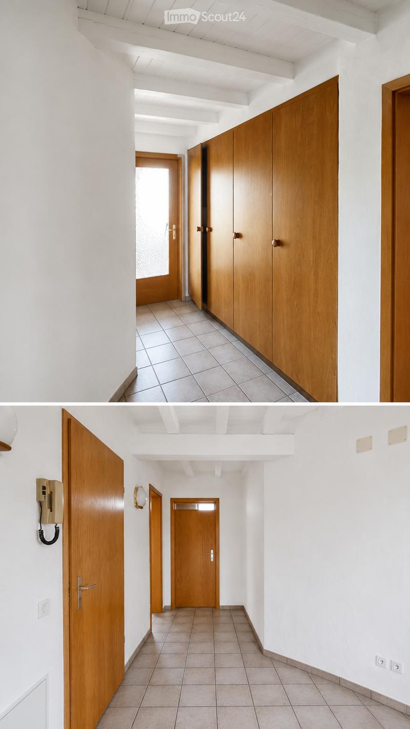 Two images of a clean, unfurnished hallway with white walls, tiled flooring, and wooden doors. The hallway features built-in wooden cabinets and a telephone mounted on the wall.