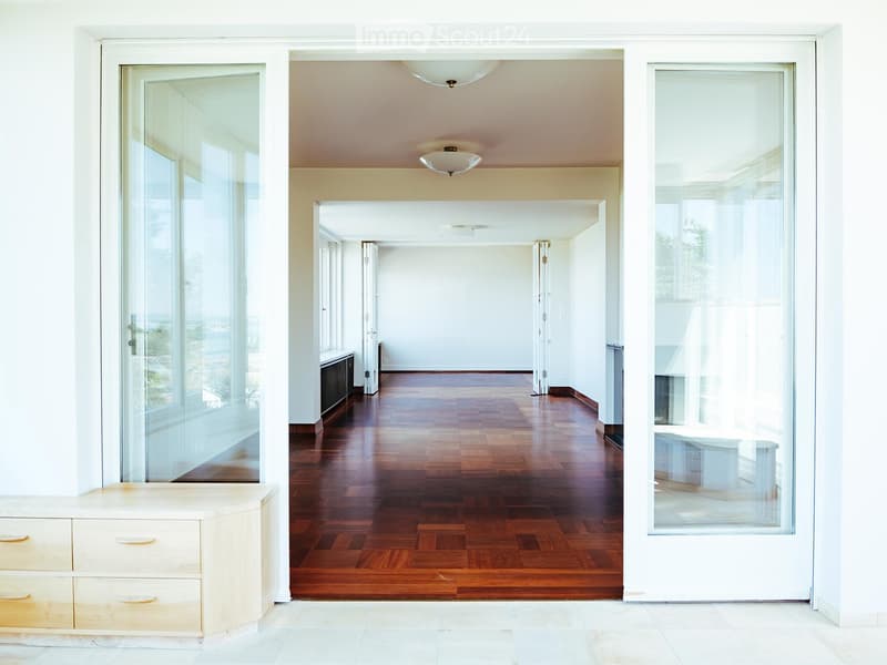Bright, open hallway with wooden flooring, large glass doors, and recessed lighting. The space is empty and leads to another room.