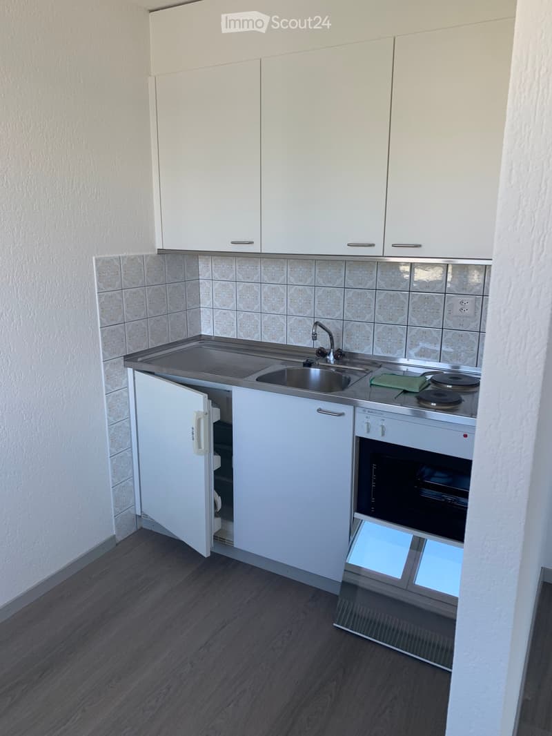 Modern kitchen with white cabinets, stainless steel sink, oven, and refrigerator. The walls are tiled with a floral pattern, and the floor is dark wood.